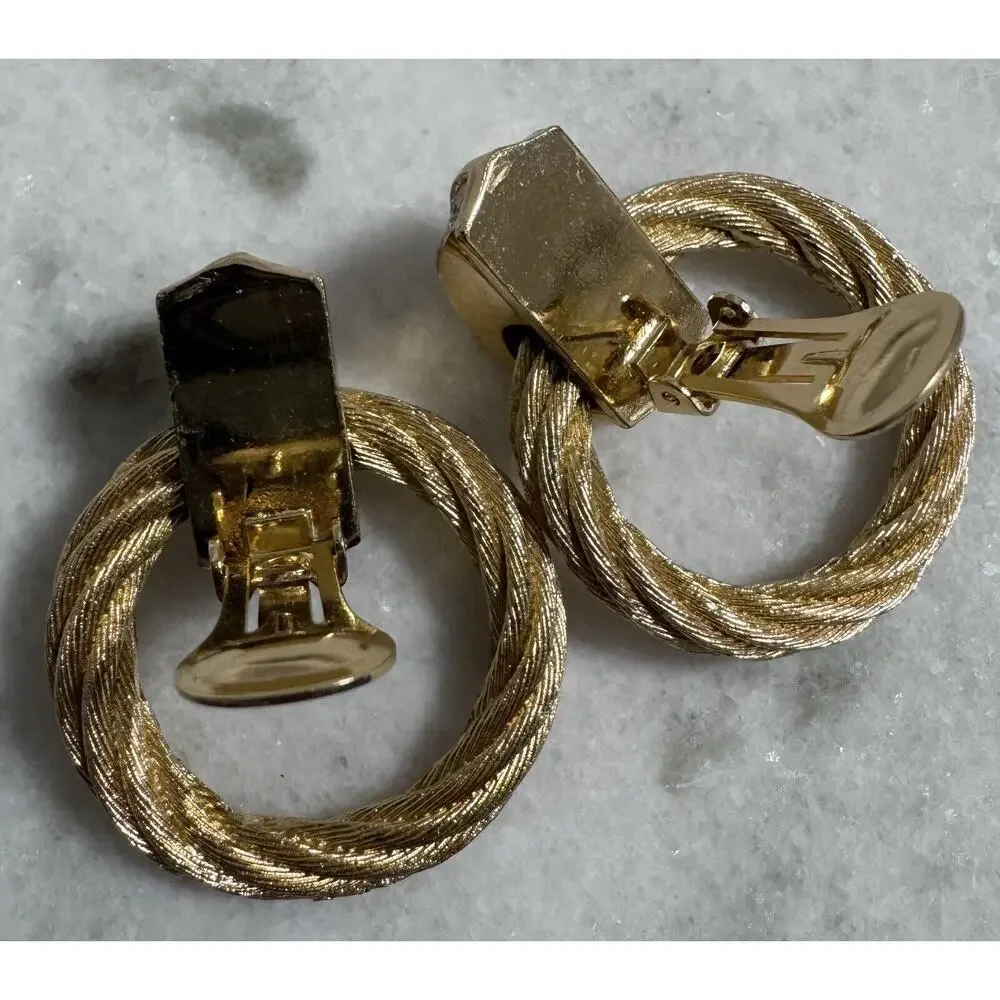 Vintage Auth Christian Dior Chunky Gold Tone Rhinestone Door knocker Earrings